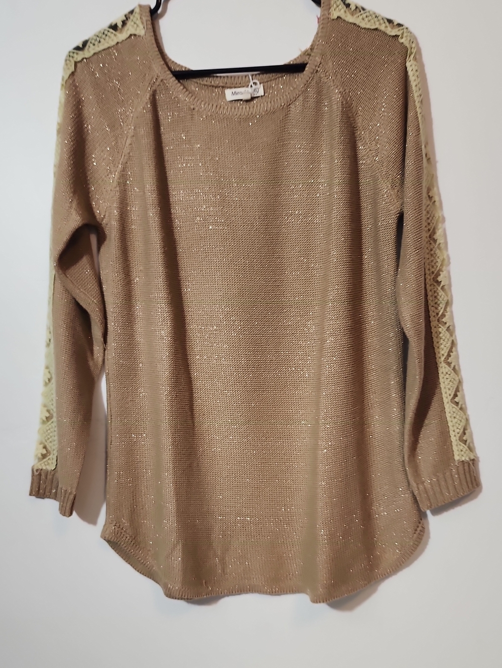Miracle Metallic Tan Sweater with Cream Crochet Trim